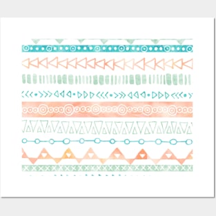 Orange Peach Green Aqua Blue Hand Drawn watercolor geometric Pattern Posters and Art